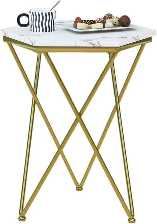Side Table, Modern Small End Table with Imitation Marble Panel, Sofa Tables with Gold Metal Legs, Coffee Accent Tables for Living Room, Bedroom, Office