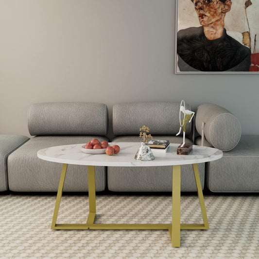 Coffee Table White Faux Marble Coffee Table for Living Room,Oval Center Table Modern Tea Table for Small Space,Wooden Living Room Tables End Table with Sturdy Gold Metal Leg