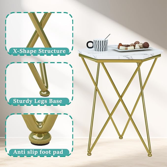 Side Table, Modern Small End Table with Imitation Marble Panel, Sofa Tables with Gold Metal Legs, Coffee Accent Tables for Living Room, Bedroom, Office