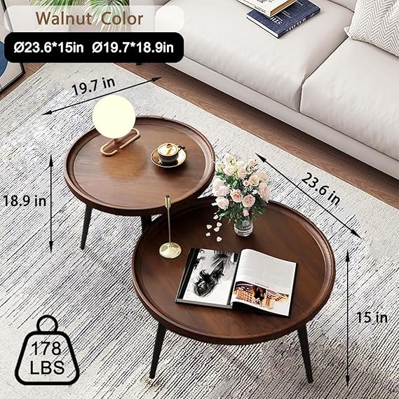 Round Nesting Coffee Table, Walnut End Tables with Fluted, Mid Century Modern Center Tables, Easy Assembly Circle Side Tables for Living Room, Bedroom, Office and Balcony Yard (Walnut)