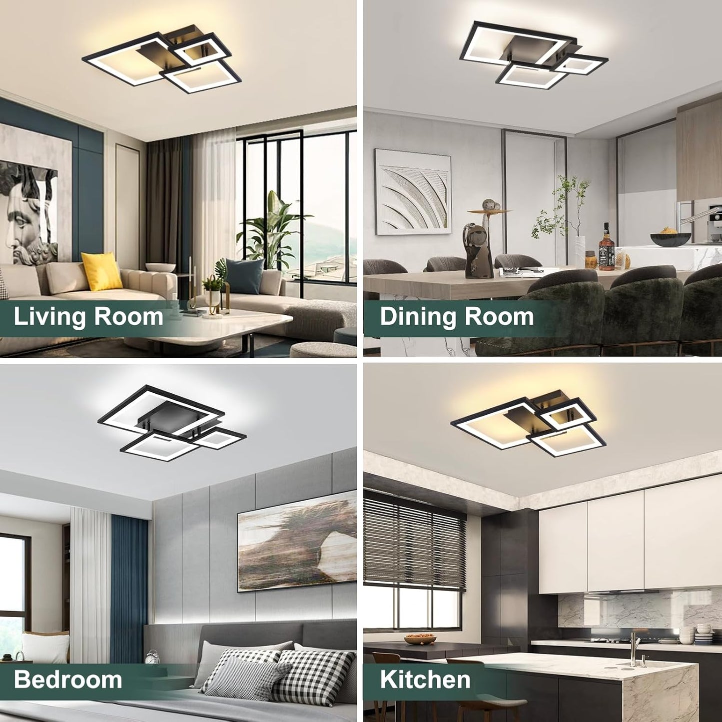 Modern Black Led Ceiling Light 3-Square Design 3000K-6500K Dimmable LED Ceiling Light with Remote 33W Acrylic Ceiling Lighting Fixture for Bedroom Kitchen Dining Room Office Lamps