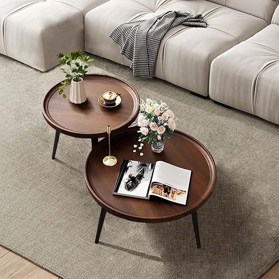 Round Nesting Coffee Table, Walnut End Tables with Fluted, Mid Century Modern Center Tables, Easy Assembly Circle Side Tables for Living Room, Bedroom, Office and Balcony Yard (Walnut)