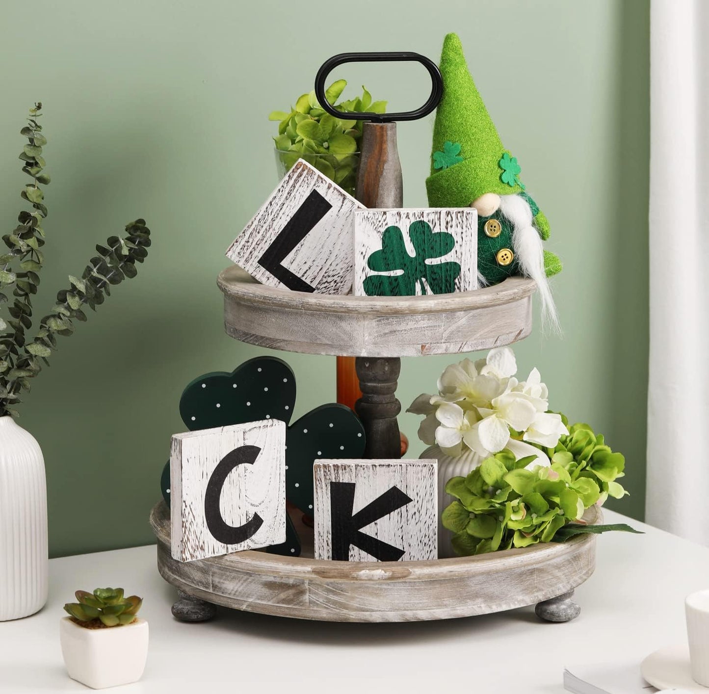 Valentine's Tiered Tray Decor, 4PCS Love & Luck Reversible Wooden Sign, Farmhouse Rustic Block Decor,St. Patrick's Day Decor for Home,Tabletop, Shelf,White