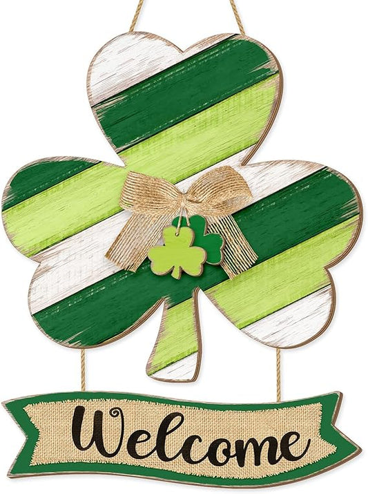 Shamrock St. Patrick's Day Welcome Door Sign Decor, Lucky Irish Wooden Hanging Sign Rustic Ornament Wood Wreath with Bow for Happy St. Patrick's Day Party Front Door Wall Home Decorations 2 Plaques