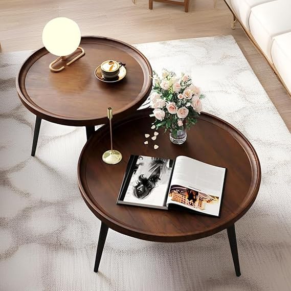 Round Nesting Coffee Table, Walnut End Tables with Fluted, Mid Century Modern Center Tables, Easy Assembly Circle Side Tables for Living Room, Bedroom, Office and Balcony Yard (Walnut)