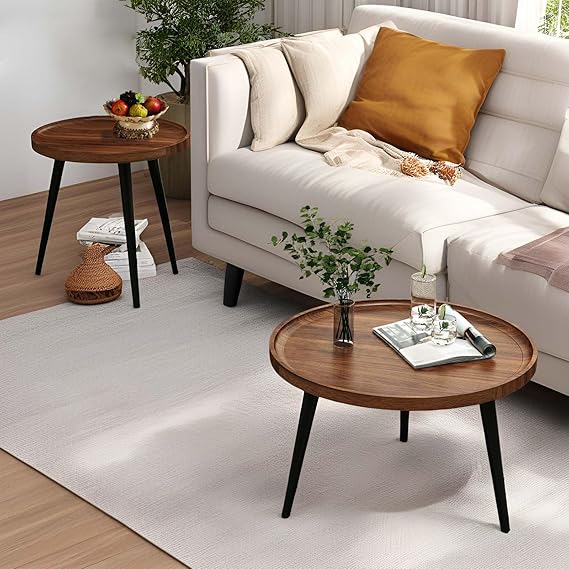 Round Nesting Coffee Table, Walnut End Tables with Fluted, Mid Century Modern Center Tables, Easy Assembly Circle Side Tables for Living Room, Bedroom, Office and Balcony Yard (Walnut)