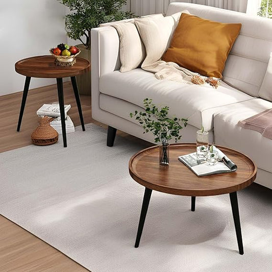 Round Nesting Coffee Table, Walnut End Tables with Fluted, Mid Century Modern Center Tables, Easy Assembly Circle Side Tables for Living Room, Bedroom, Office and Balcony Yard (Walnut)