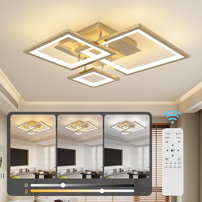 Modern Black Led Ceiling Light 3-Square Design 3000K-6500K Dimmable LED Ceiling Light with Remote 33W Acrylic Ceiling Lighting Fixture for Bedroom Kitchen Dining Room Office Lamps