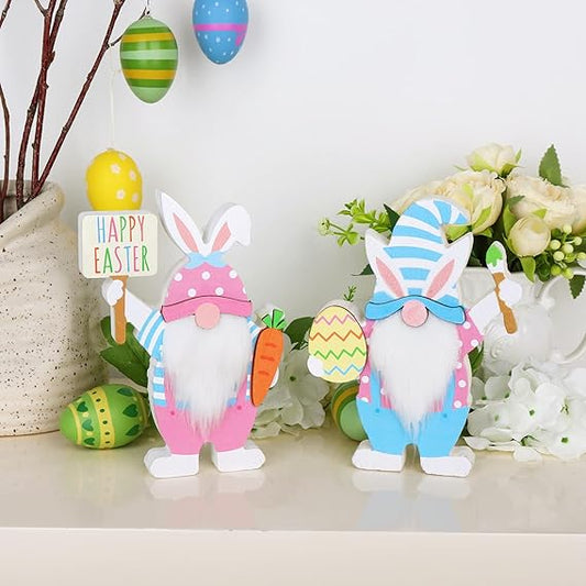 Easter Decorations for The Home, 2 pcs Easter Bunny Shape Gnome Freestanding Wooden Table Centerpiece Signs Easter Gnomes for Tabletop Home Tiered Tray Decor Farmhouse for Easter Gifts