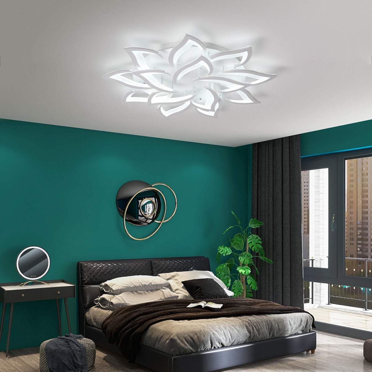LED Dimmable Flower Shape Ceiling Light 14 Heads Modern Petal Recessed Ceiling Light with Remote Control White Metal Acrylic Ceiling Chandelier for Living Room Bedroom Dining Room