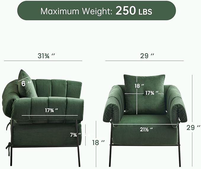 Living Room Comfortable Sofa Chair with Pillows Lounge Chair Reading Chair with Metal Frame Upholstered Chair Room Side Chair, Upholstered, Corduroy