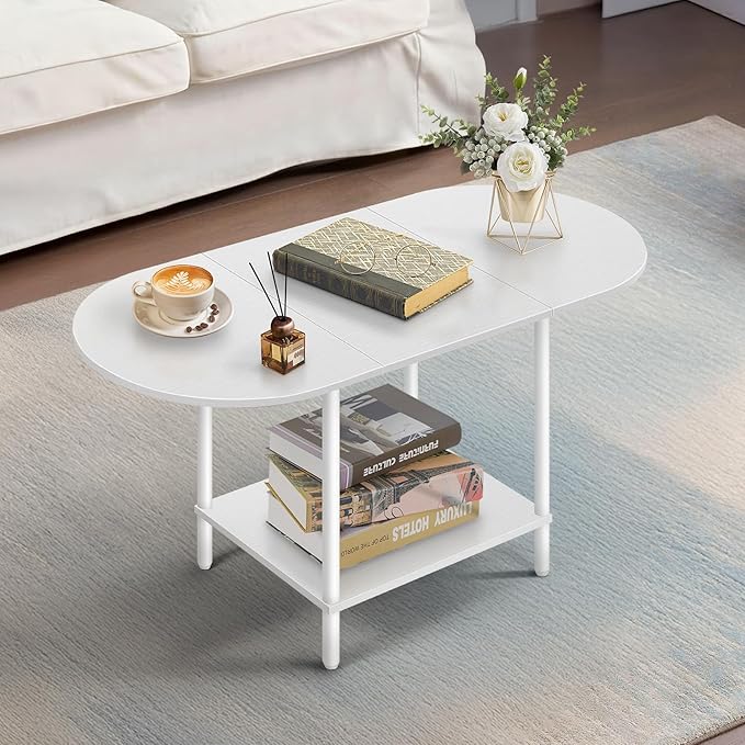 Black coffee table for living room, small mid century oval center table with storage shelves and wooden tabletop, 2 tier farmhouse low cocktail coffee table for small space, small apartment