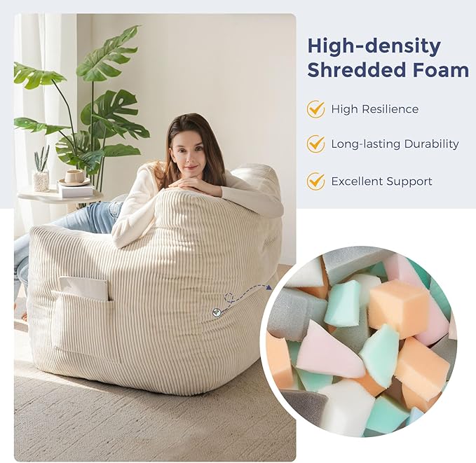 Bean bag chair, tufted bean bag sofa lazy chair, living room sofa with filling, suitable for adults, teenagers and children, corded fabric upholstered sofa, suitable for bedroom dormitory