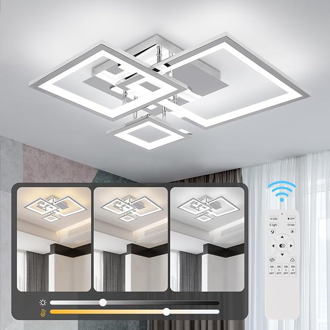 Modern Black Led Ceiling Light 3-Square Design 3000K-6500K Dimmable LED Ceiling Light with Remote 33W Acrylic Ceiling Lighting Fixture for Bedroom Kitchen Dining Room Office Lamps