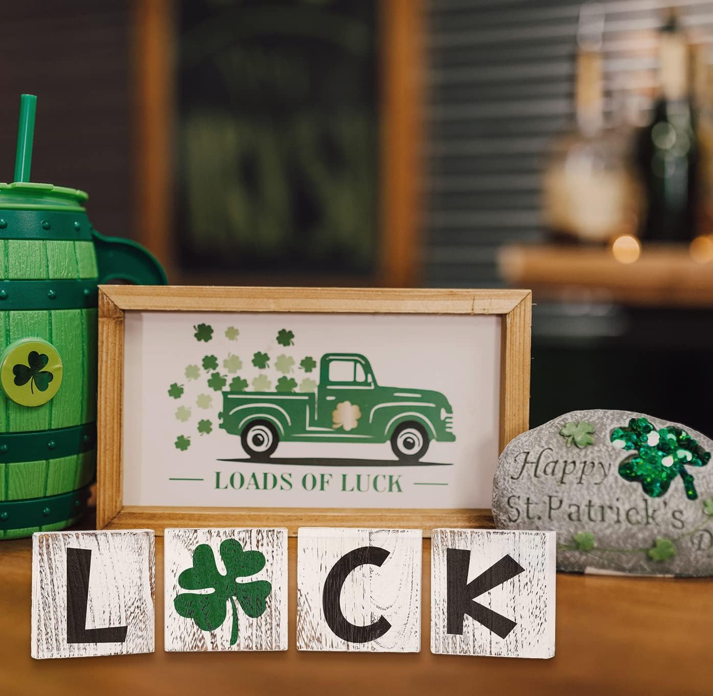 Valentine's Tiered Tray Decor, 4PCS Love & Luck Reversible Wooden Sign, Farmhouse Rustic Block Decor,St. Patrick's Day Decor for Home,Tabletop, Shelf,White