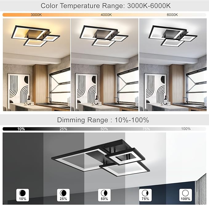 Modern Black Led Ceiling Light 3-Square Design 3000K-6500K Dimmable LED Ceiling Light with Remote 33W Acrylic Ceiling Lighting Fixture for Bedroom Kitchen Dining Room Office Lamps