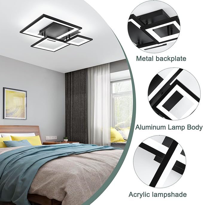 Modern Black Led Ceiling Light 3-Square Design 3000K-6500K Dimmable LED Ceiling Light with Remote 33W Acrylic Ceiling Lighting Fixture for Bedroom Kitchen Dining Room Office Lamps