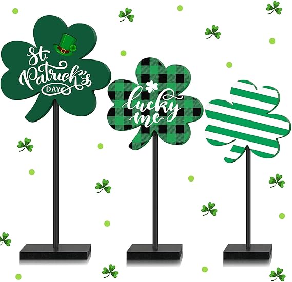 3 Pcs St Patrick's Day Decorations Irish Wood Shamrock Tabletop Decor Green Lucky Clover Block Sign Tall Standing Freestanding St Patrick Centerpiece for Table Home Party(Retro)