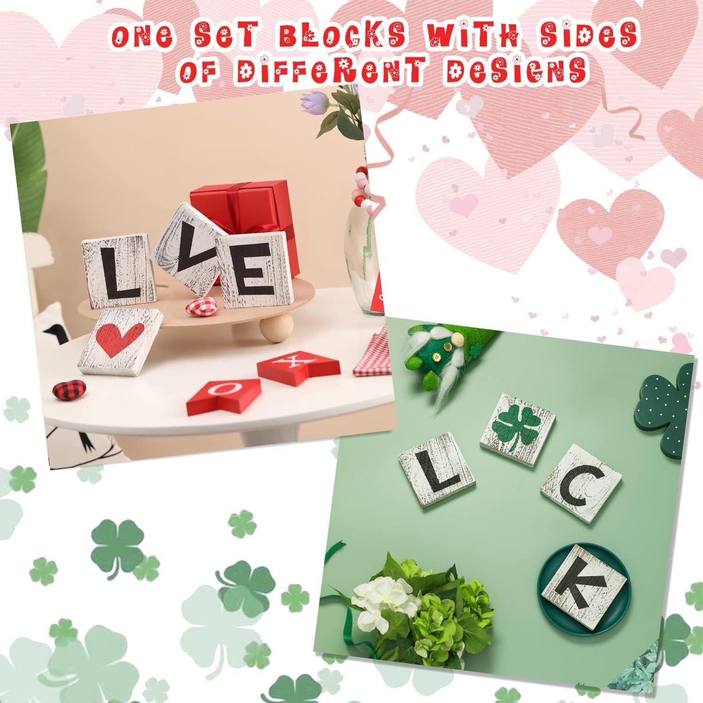 Valentine's Tiered Tray Decor, 4PCS Love & Luck Reversible Wooden Sign, Farmhouse Rustic Block Decor,St. Patrick's Day Decor for Home,Tabletop, Shelf,White