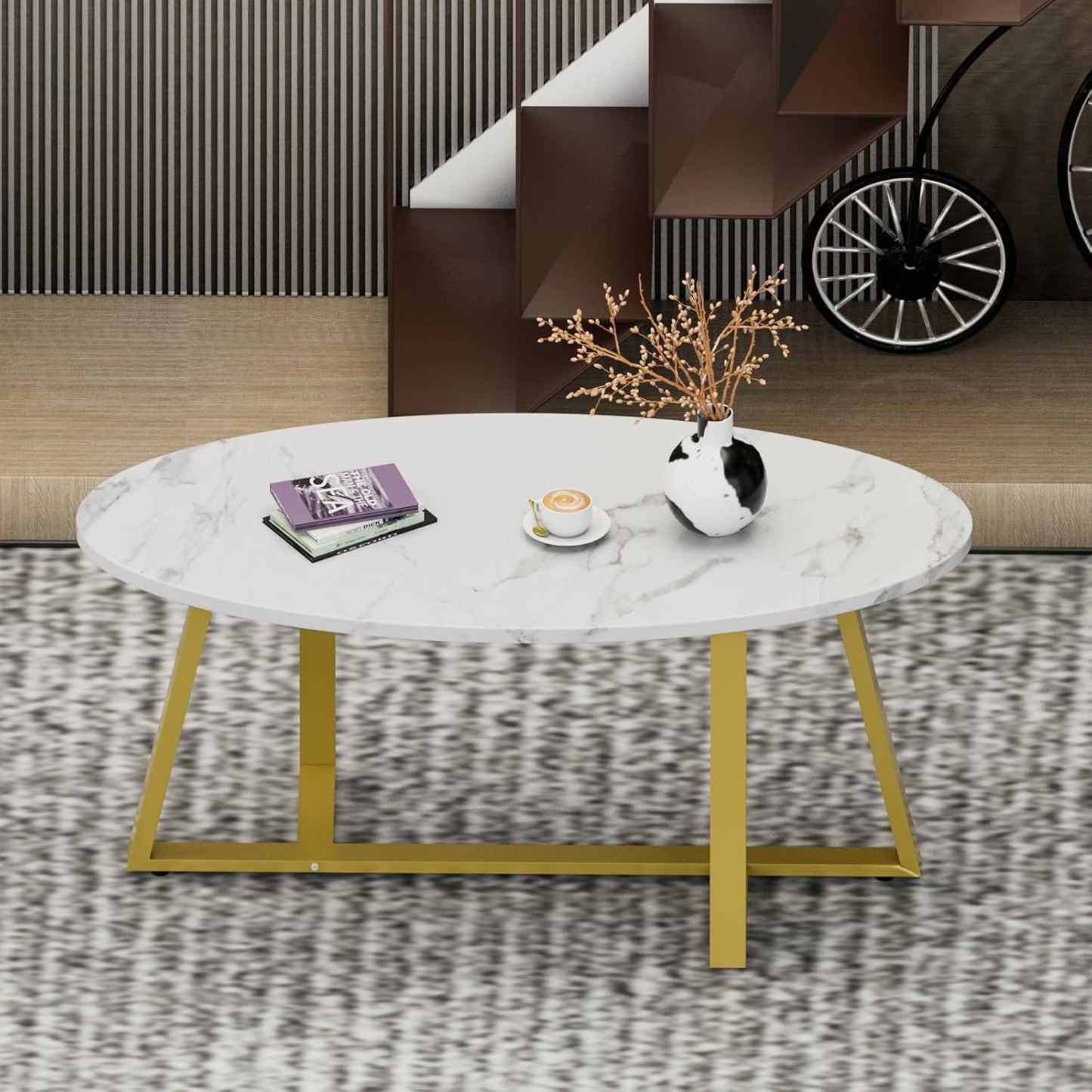 Coffee Table White Faux Marble Coffee Table for Living Room,Oval Center Table Modern Tea Table for Small Space,Wooden Living Room Tables End Table with Sturdy Gold Metal Leg
