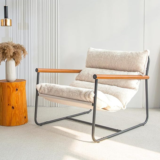 Lambskin chair, faux lambskin armchair, living room chair, reading accent chair, mid-century modern bedroom chair, teddy armchair, wooden armrests metal frame