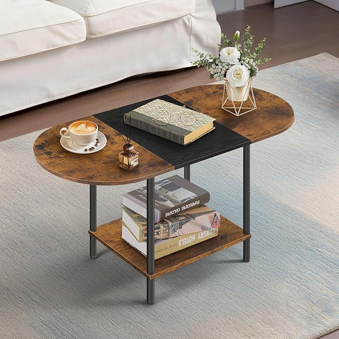 Black coffee table for living room, small mid century oval center table with storage shelves and wooden tabletop, 2 tier farmhouse low cocktail coffee table for small space, small apartment