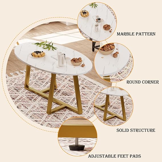 Coffee Table White Faux Marble Coffee Table for Living Room,Oval Center Table Modern Tea Table for Small Space,Wooden Living Room Tables End Table with Sturdy Gold Metal Leg