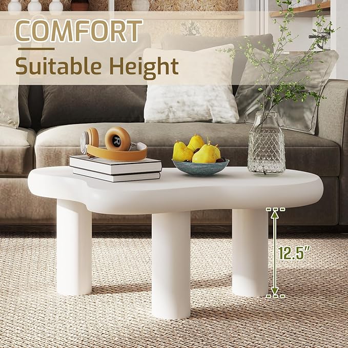 Cloud Coffee Table, Unique Design Living Room and Bedroom Decorative Table, Stylish and Functional Furniture Piece - Durable and Easy to Clean, Free Form with 3 Legs, 34 Inch, Cream White