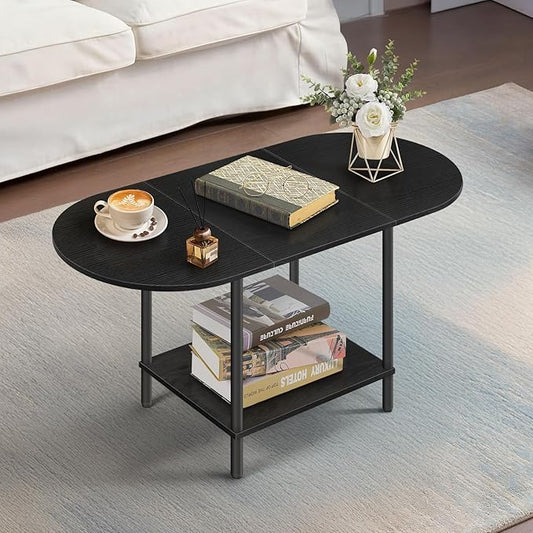 Black coffee table for living room, small mid century oval center table with storage shelves and wooden tabletop, 2 tier farmhouse low cocktail coffee table for small space, small apartment