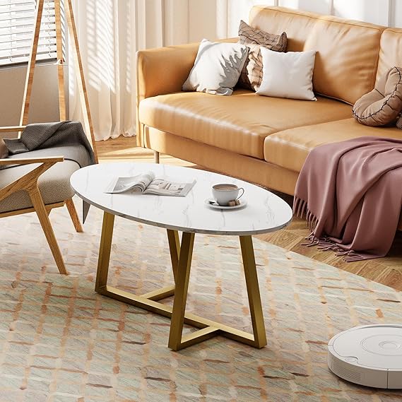 Coffee Table White Faux Marble Coffee Table for Living Room,Oval Center Table Modern Tea Table for Small Space,Wooden Living Room Tables End Table with Sturdy Gold Metal Leg