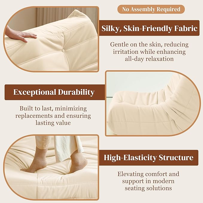 Adult bean bag chair, modern suede fabric fireplace chair, premium microfiber caterpillar sofa, corner Togo lazy chair sofa for living room/bedroom/salon/office, single