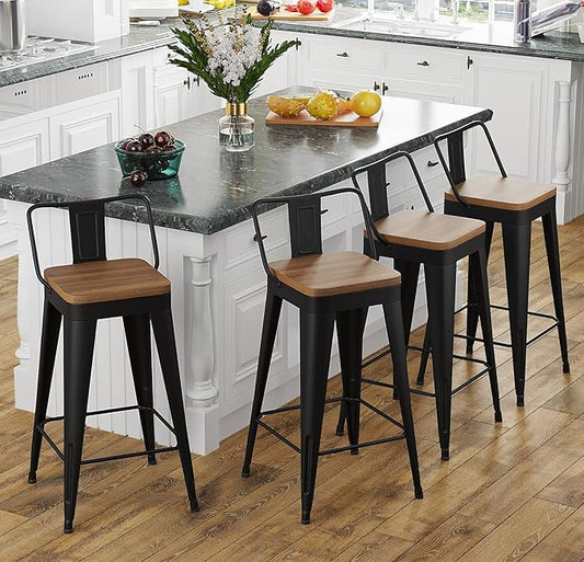 Bar Stools 4 Piece Set Metal Bar Stools Counter Height Bar Stools Black, Modern 24 Inch Bar Stools with Back and Wooden Seat Bar Stools Counter Height