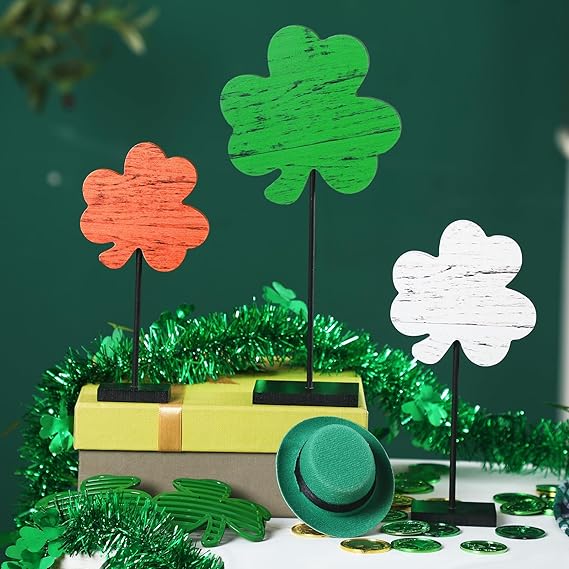 3 Pcs St Patrick's Day Decorations Irish Wood Shamrock Tabletop Decor Green Lucky Clover Block Sign Tall Standing Freestanding St Patrick Centerpiece for Table Home Party(Retro)