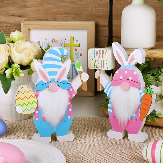 Easter Decorations for The Home, 2 pcs Easter Bunny Shape Gnome Freestanding Wooden Table Centerpiece Signs Easter Gnomes for Tabletop Home Tiered Tray Decor Farmhouse for Easter Gifts