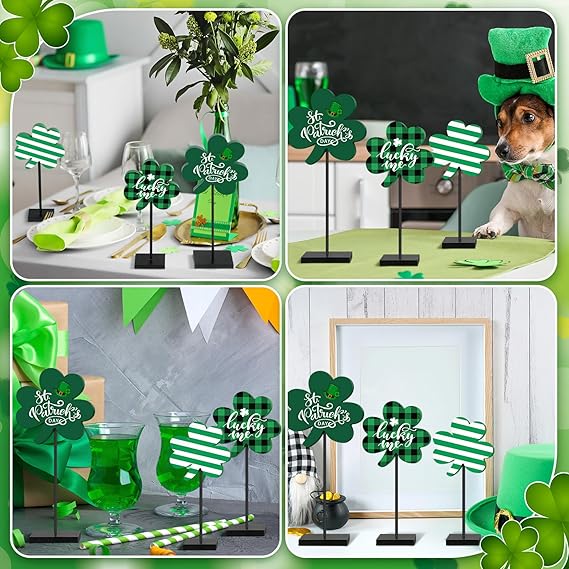 3 Pcs St Patrick's Day Decorations Irish Wood Shamrock Tabletop Decor Green Lucky Clover Block Sign Tall Standing Freestanding St Patrick Centerpiece for Table Home Party(Retro)