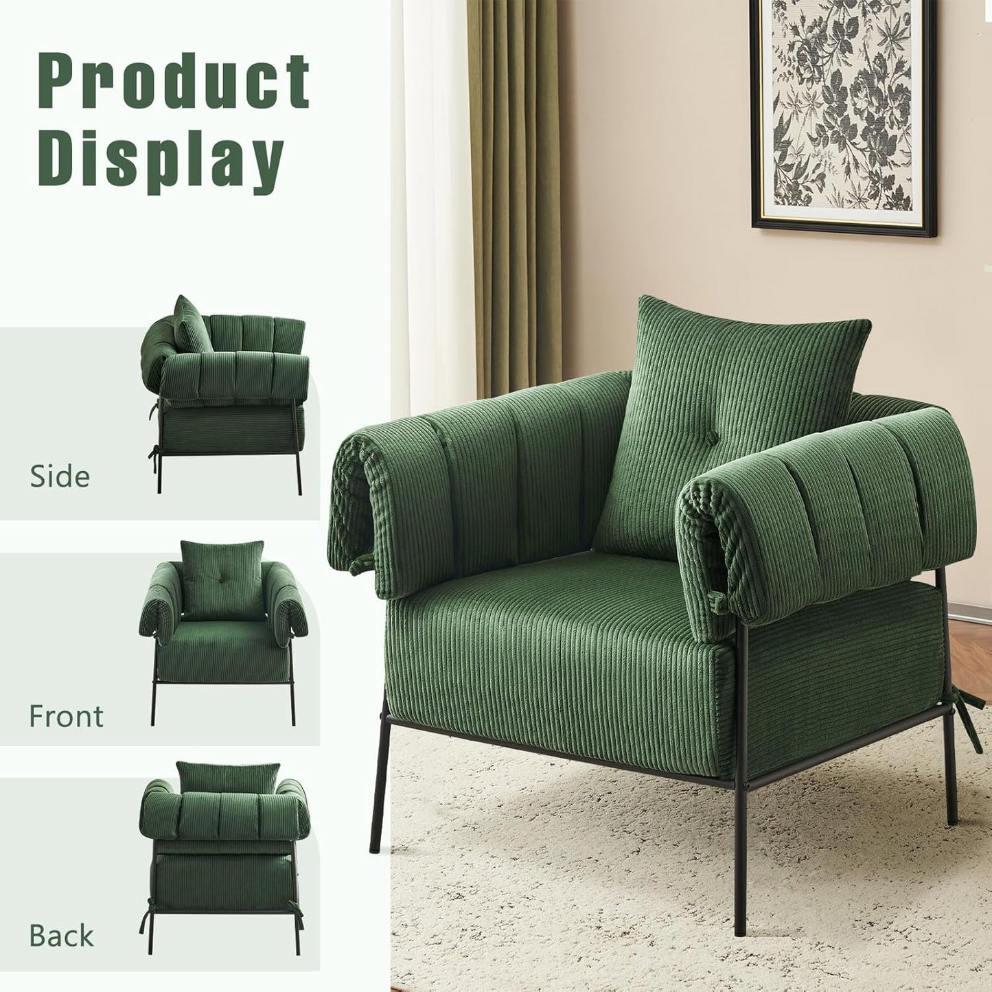 Living Room Comfortable Sofa Chair with Pillows Lounge Chair Reading Chair with Metal Frame Upholstered Chair Room Side Chair, Upholstered, Corduroy