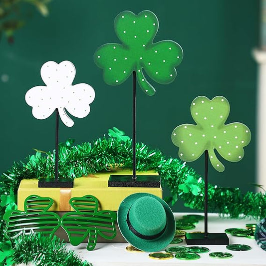 3 Pcs St Patrick's Day Decorations Irish Wood Shamrock Tabletop Decor Green Lucky Clover Block Sign Tall Standing Freestanding St Patrick Centerpiece for Table Home Party(Retro)