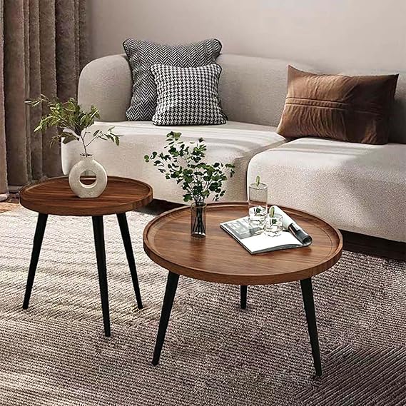 Round Nesting Coffee Table, Walnut End Tables with Fluted, Mid Century Modern Center Tables, Easy Assembly Circle Side Tables for Living Room, Bedroom, Office and Balcony Yard (Walnut)