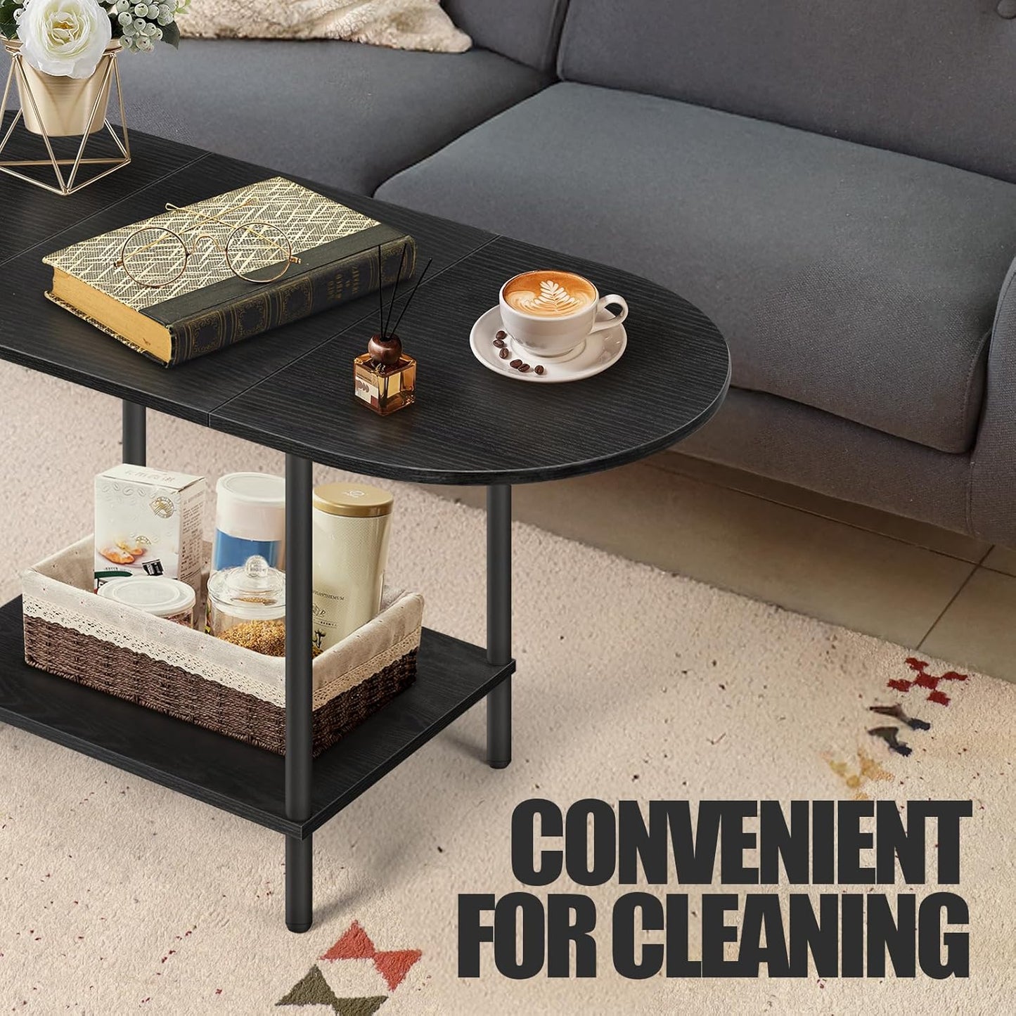 Black coffee table for living room, small mid century oval center table with storage shelves and wooden tabletop, 2 tier farmhouse low cocktail coffee table for small space, small apartment