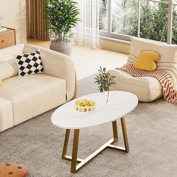 Coffee Table White Faux Marble Coffee Table for Living Room,Oval Center Table Modern Tea Table for Small Space,Wooden Living Room Tables End Table with Sturdy Gold Metal Leg