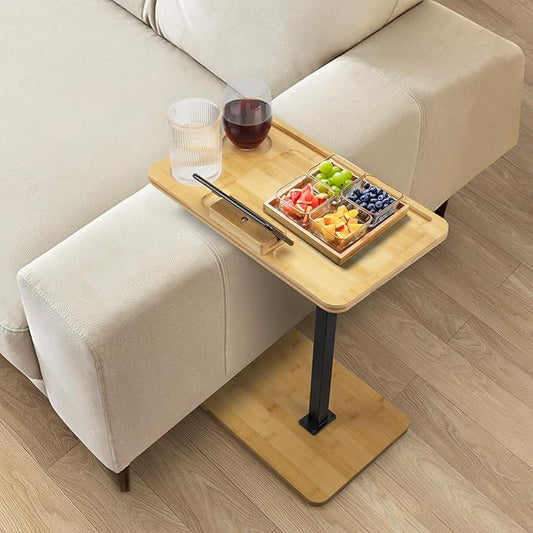 Bamboo Sofa Table, Adjustable C Shape Side Table with Phone Holder, 360° Rotating TV Tray, Suitable for Sofa, Bedroom or Living Room Dining, Small Space, Rectangular