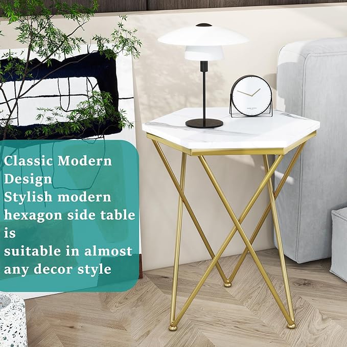 Side Table, Modern Small End Table with Imitation Marble Panel, Sofa Tables with Gold Metal Legs, Coffee Accent Tables for Living Room, Bedroom, Office