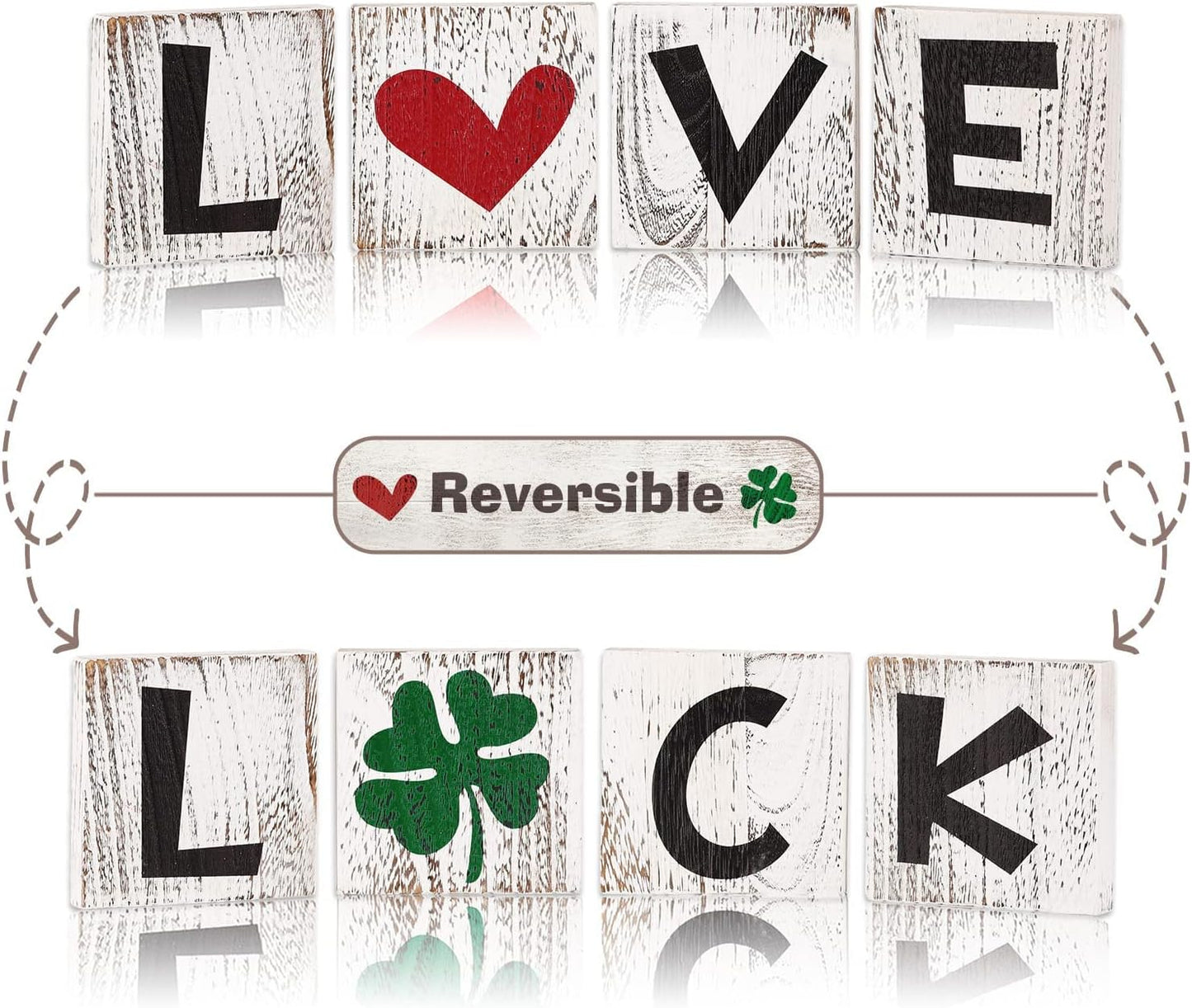 Valentine's Tiered Tray Decor, 4PCS Love & Luck Reversible Wooden Sign, Farmhouse Rustic Block Decor,St. Patrick's Day Decor for Home,Tabletop, Shelf,White