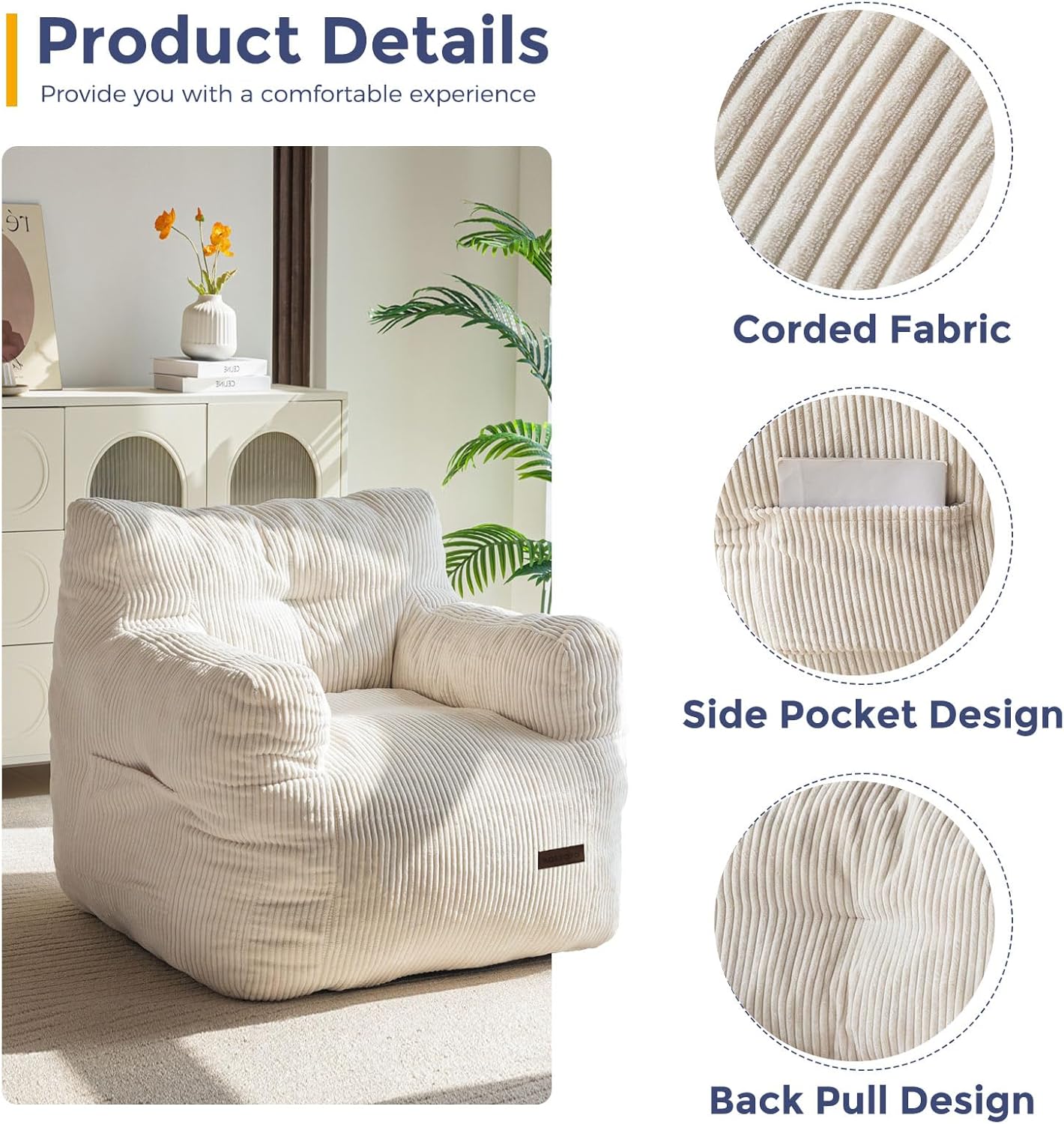 Bean bag chair, tufted bean bag sofa lazy chair, living room sofa with filling, suitable for adults, teenagers and children, corded fabric upholstered sofa, suitable for bedroom dormitory