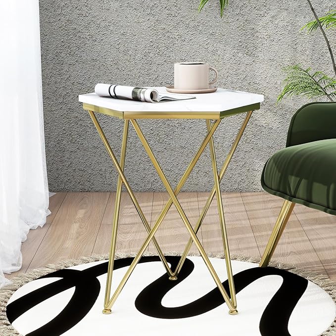 Side Table, Modern Small End Table with Imitation Marble Panel, Sofa Tables with Gold Metal Legs, Coffee Accent Tables for Living Room, Bedroom, Office
