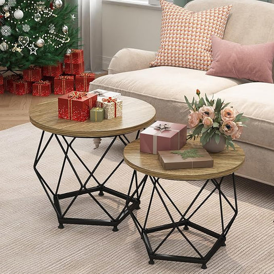 Small coffee table set of 2, modern round coffee table with metal frame, living room table easy to assemble, bedroom, office side table