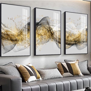 3 sets of Highly-textured oil paint, Original innovative modern light luxury abstract golden ink landscape triptych decorative painting