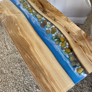 Olive Wood River Table | Live Edge End Table | Epoxy River Table With Embedded Rocks