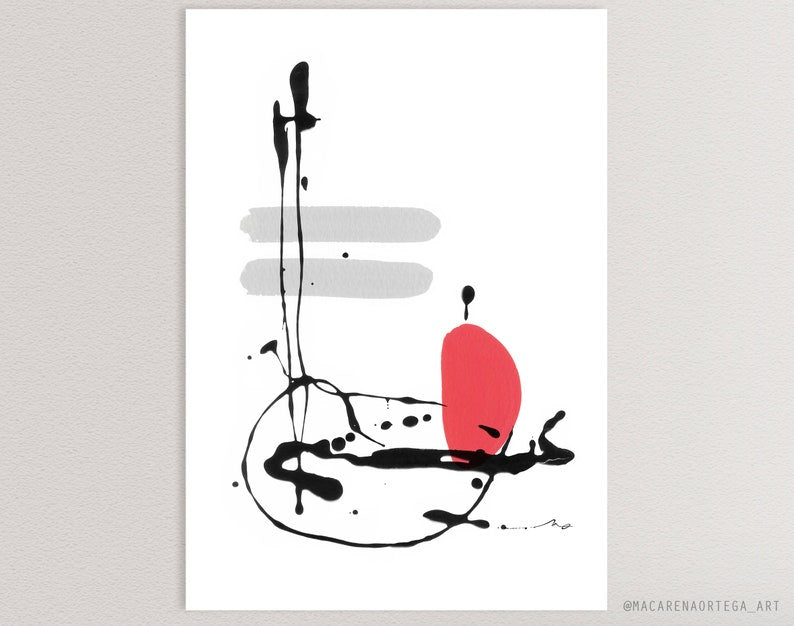 Abstract Art Print (Nº184) Abstract Minimalist painting Modern fine art red and gray surrealist Wall art Decorative Wall Home decor (184)