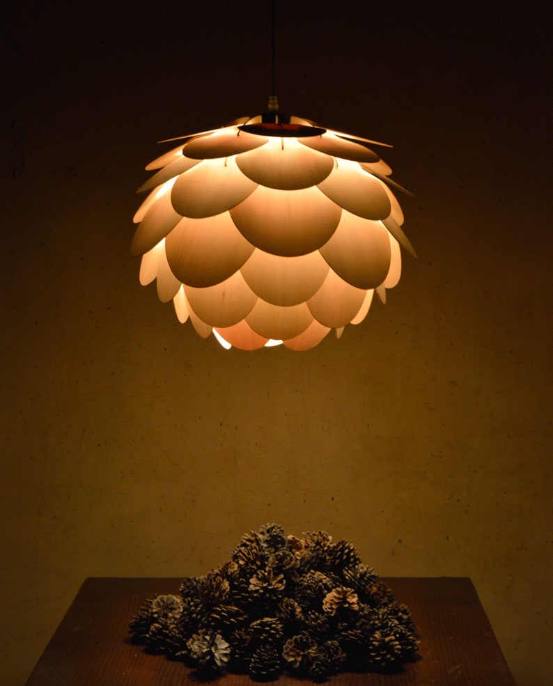 Pendant Light-Wood Pendant Light-Chandelier-Lighting-Ceiling Light-Acorn Light-Artichoke Light-Light Fixture-Hop Light-Round Pine Cone Lamp